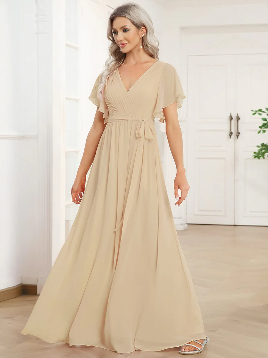 A Line Wholesale Evening Dresses with Deep V Neck Ruffles Sleeves
