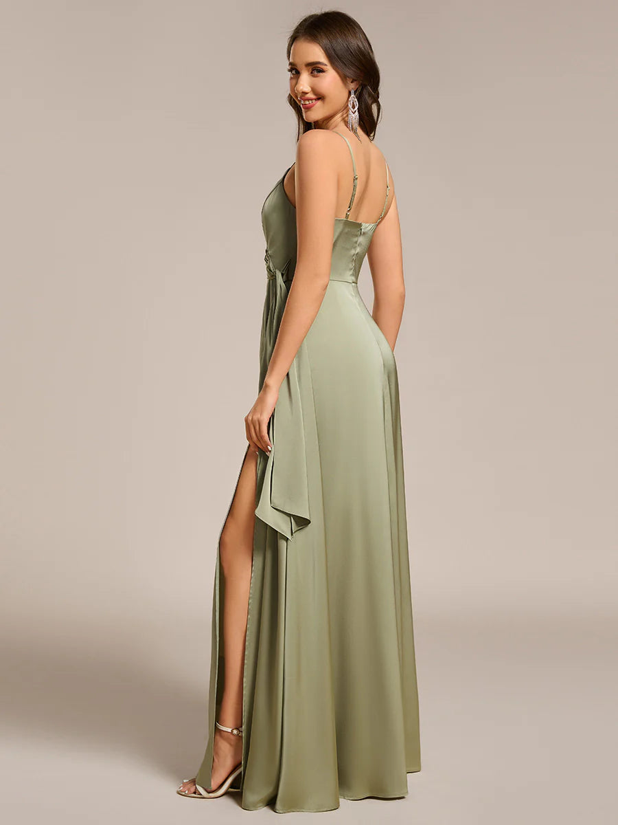 Elegant Floor-Length Spaghetti Straps Split Satin Bridesmaid Dress with Streamer