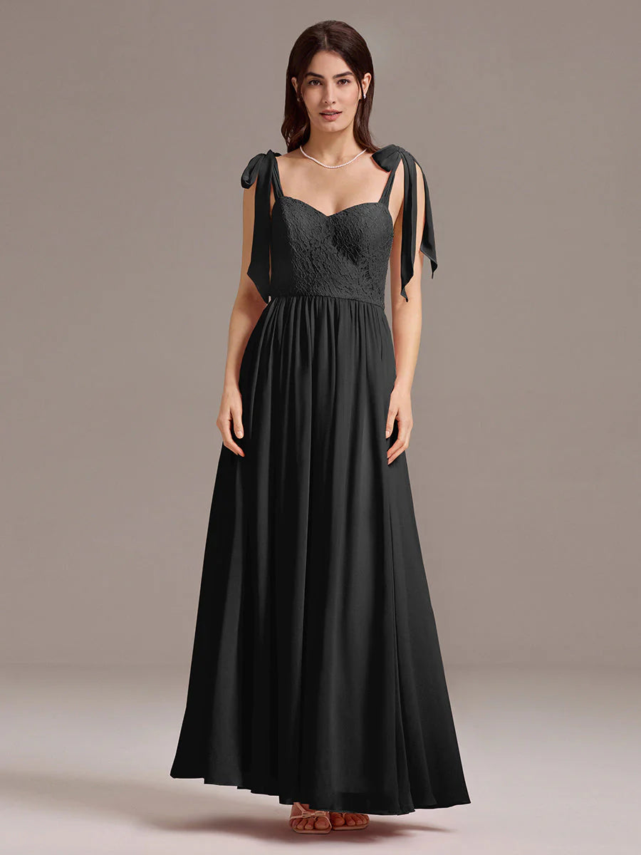 Chiffon Sweetheart Neck Bow Tie Backless A-Line Lace Bridesmaid Dress