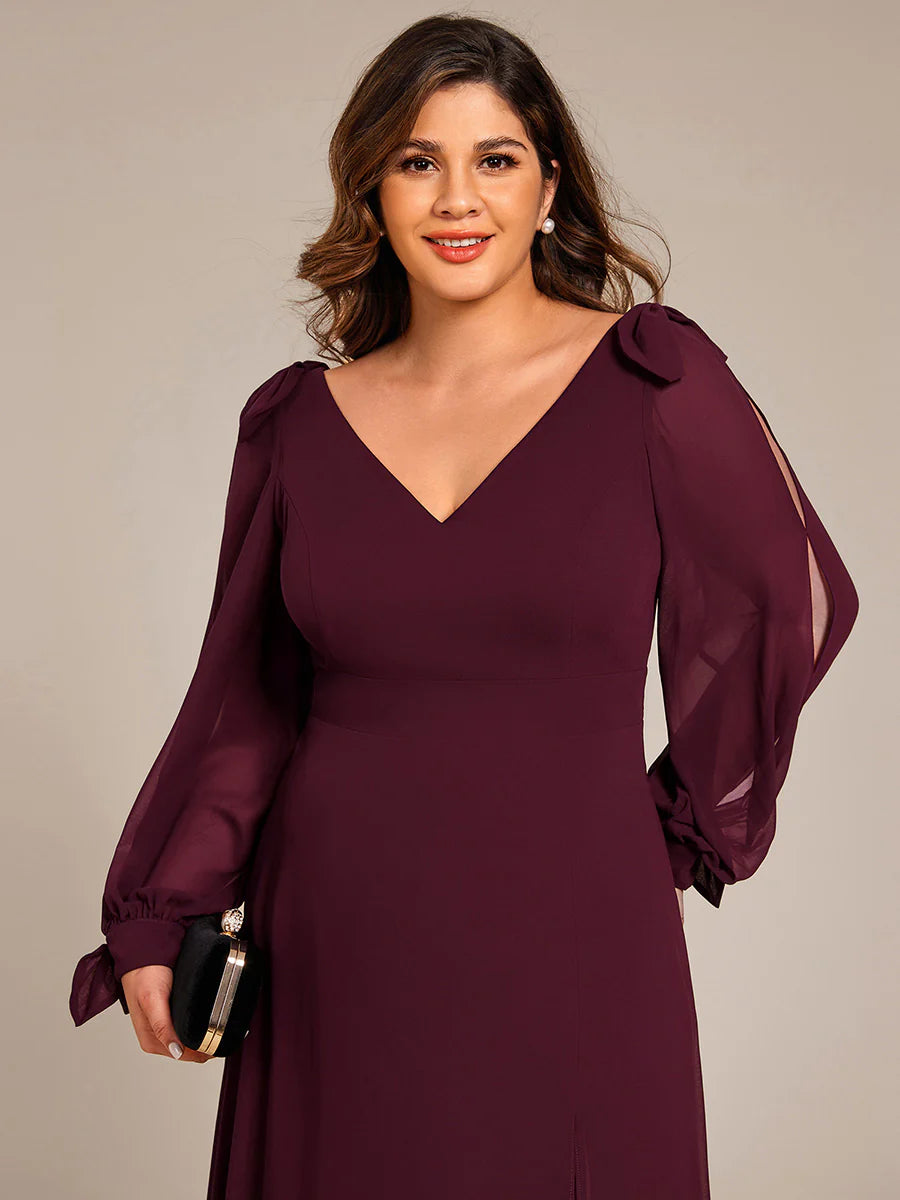 Plus Size Long Lantern Sleeves A Line V Neck Wholesale Bridesmaid Dresses