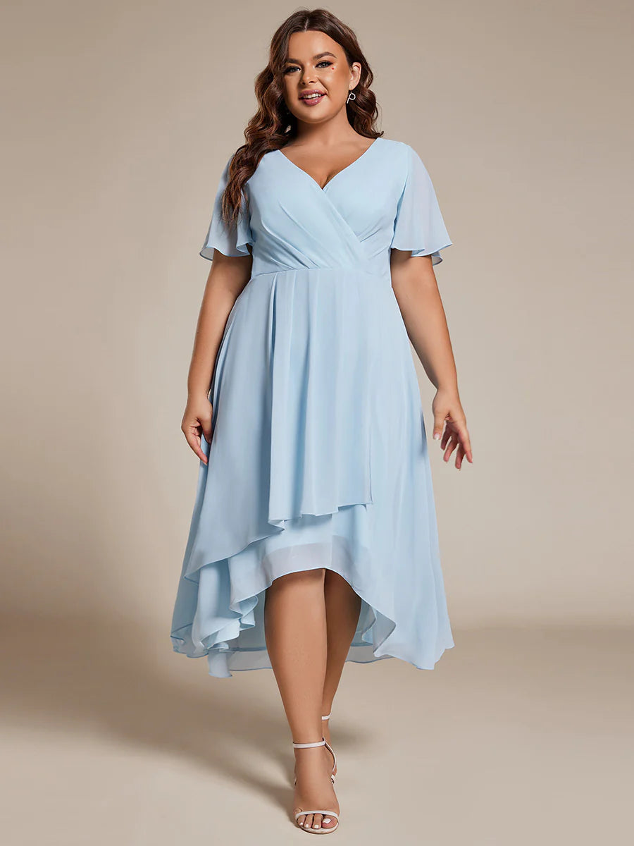 Plus V-Neck Midi Chiffon Wedding Guest Dresses with Ruffles Sleeve