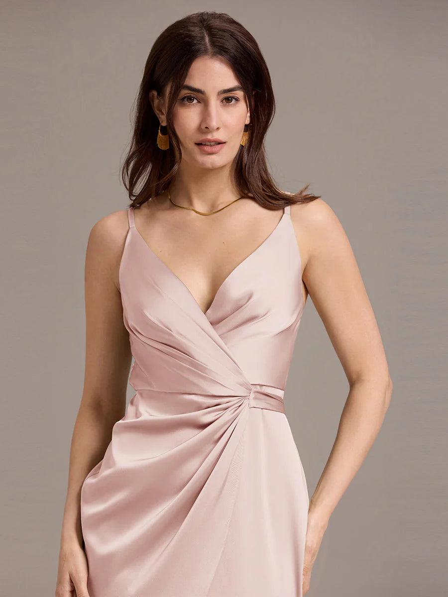 Custom Sleeveless V-Neck Non-Stretch Wrap Midi Dress with Tie Knot | Wedding Guest Dresses