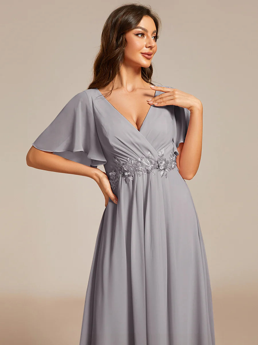 Applique V Neck Tea Length Wedding Guest Dress With Short Sleeves
