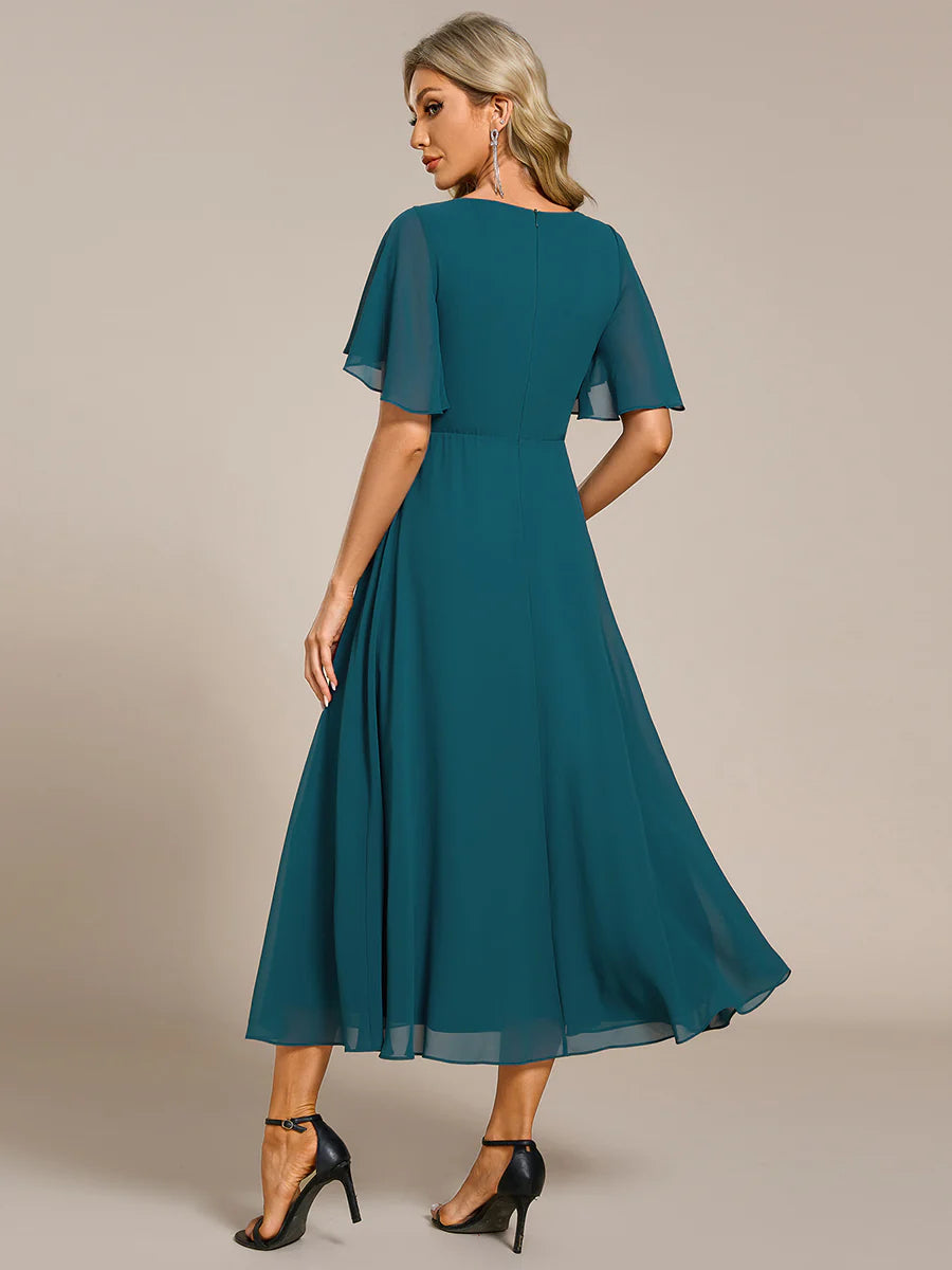 Applique V Neck Tea Length Wedding Guest Dress With Short Sleeves