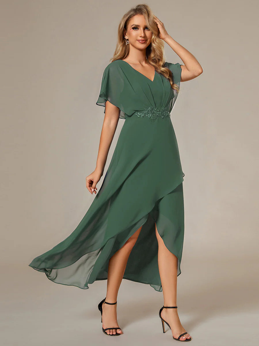 Chiffon Appliques  High-low  Wholesale Evening Dress with Short Sleeves