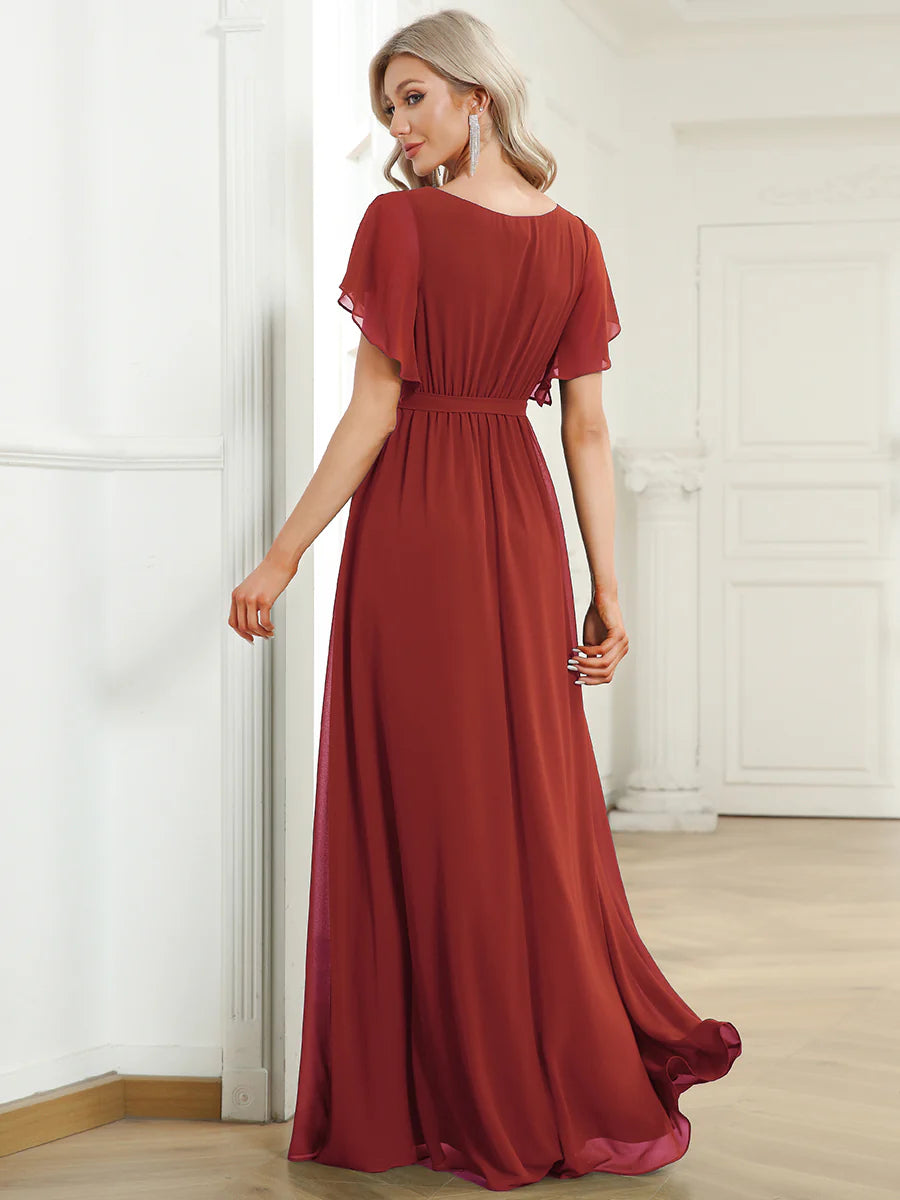 Short Sleeve Ruffle Deep V-Neck A-Line Floor Length Evening Dresses