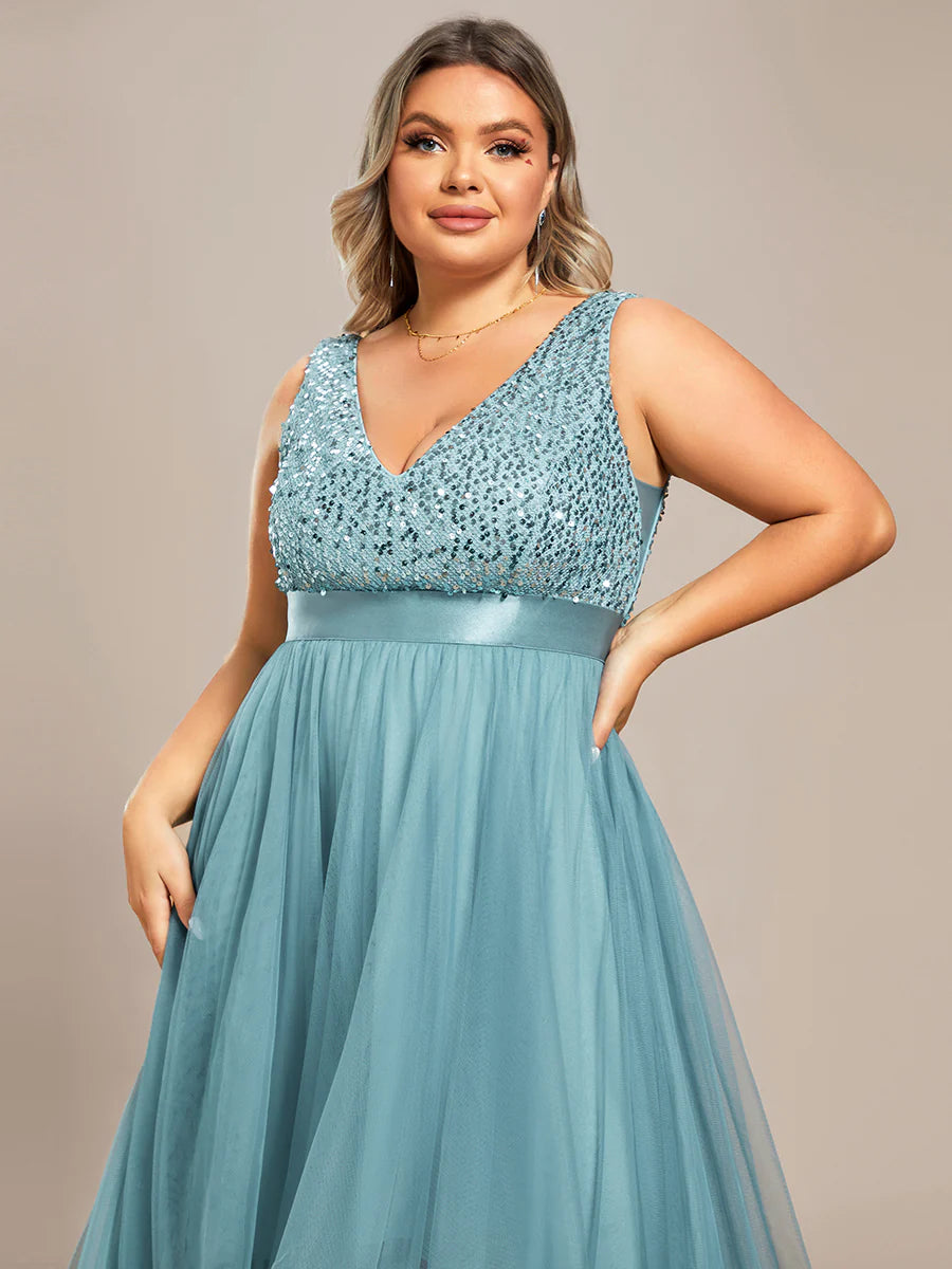Plus Size Sparkling Wholesale Evening Dresses with Asymmetrical Hem Deep V Neck