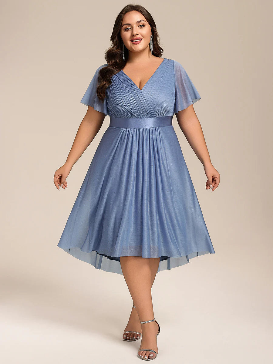 Plus Size Ruffle Sleeves Ruched Wedding Guest Glitter Asymmetric Hem Dress