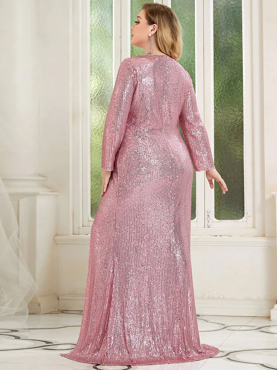 Shiny V Neck Plus Size Sequin Wholesale Evening Party Dress