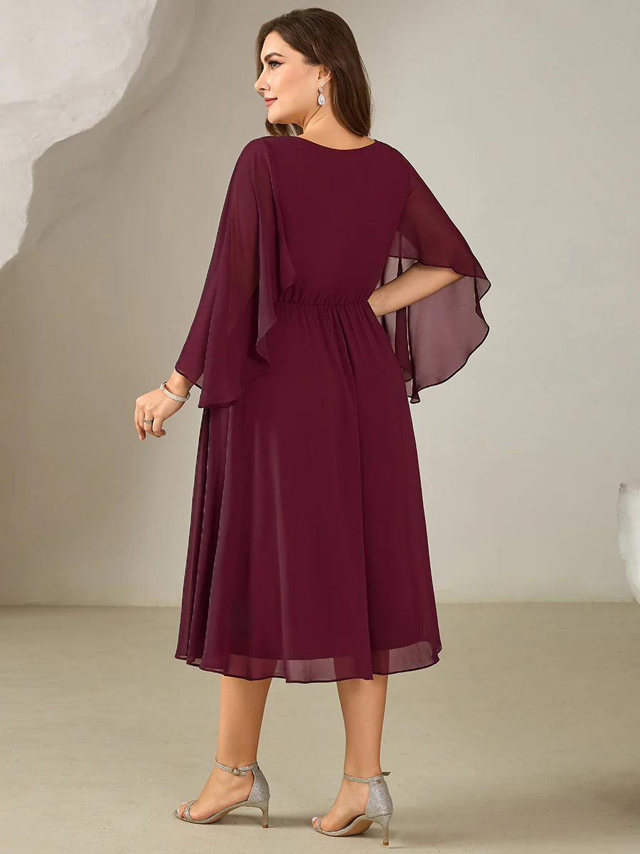 Plus Size 3/4 Sleeve Ruffle Deep V-Neck A-Line Midi Wedding Guest Dresses