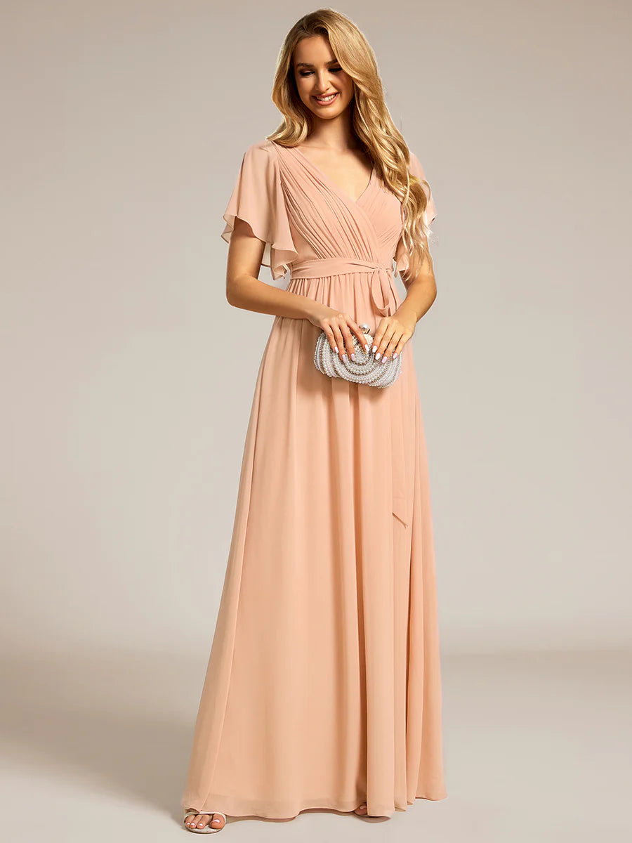 A Line Wholesale Evening Dresses with Deep V Neck Ruffles Sleeves