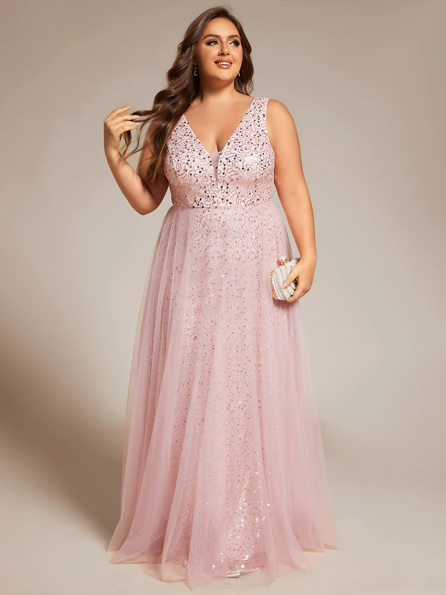 Elegant Plus Size V-Neck Backless Sequin Evening Dress with Sleeveless