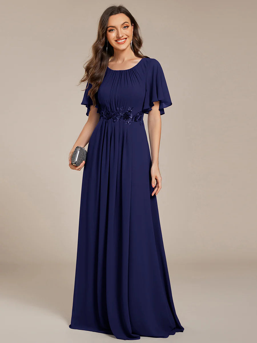 Short Sleeves Pleated Applique A-Line Floor-Length Formal Evening Dress