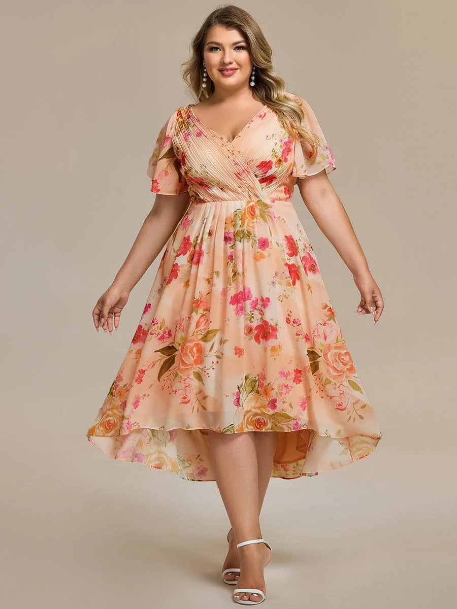 Chic V Neck High-Low Short Sleeve Wedding Guest Dress