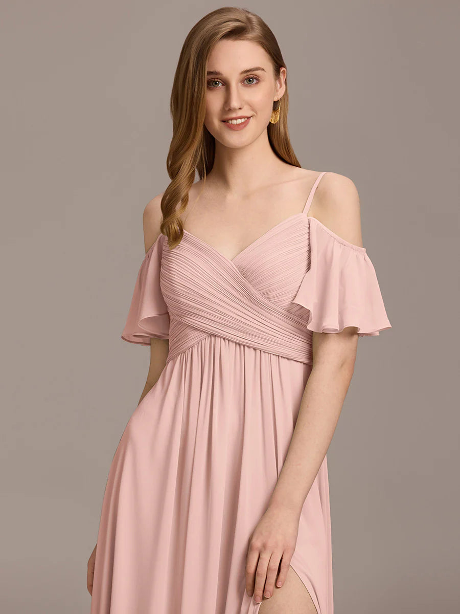 Short Sleeve Off Shoulder Pleated A-Line Split Floor-Length Bridesmaid Dresses