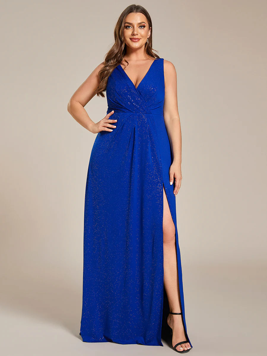 Floor Length V Neck Shimmery Wholesale Plus Size Evening Dresses
