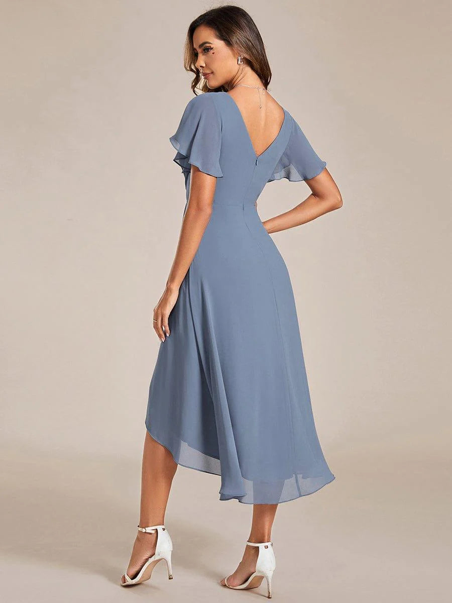 Chic V Neck High-Low Short Sleeve Wedding Guest Dress