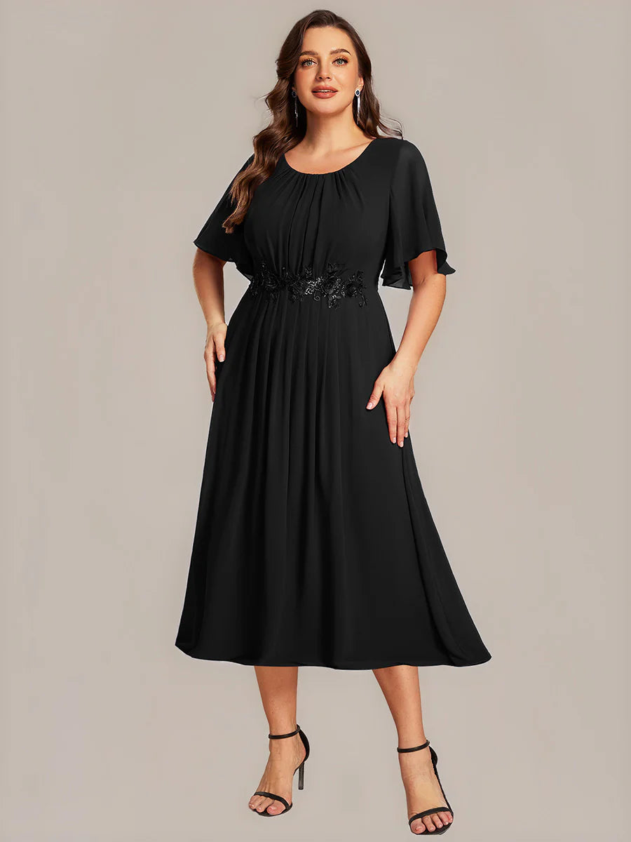 Commercial Wholesale Short Sleeve Ruffle A-Line Midi Dress with Floral Appliques Evening Dresses