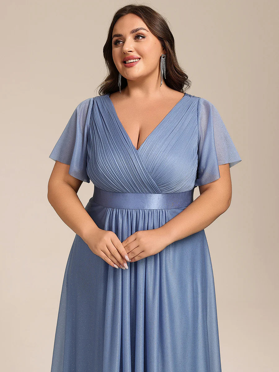 Plus Size Ruffle Sleeves Ruched Wedding Guest Glitter Asymmetric Hem Dress