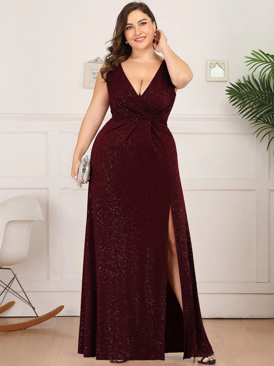 Floor Length V Neck Shimmery Wholesale Evening Dresses With Side Split