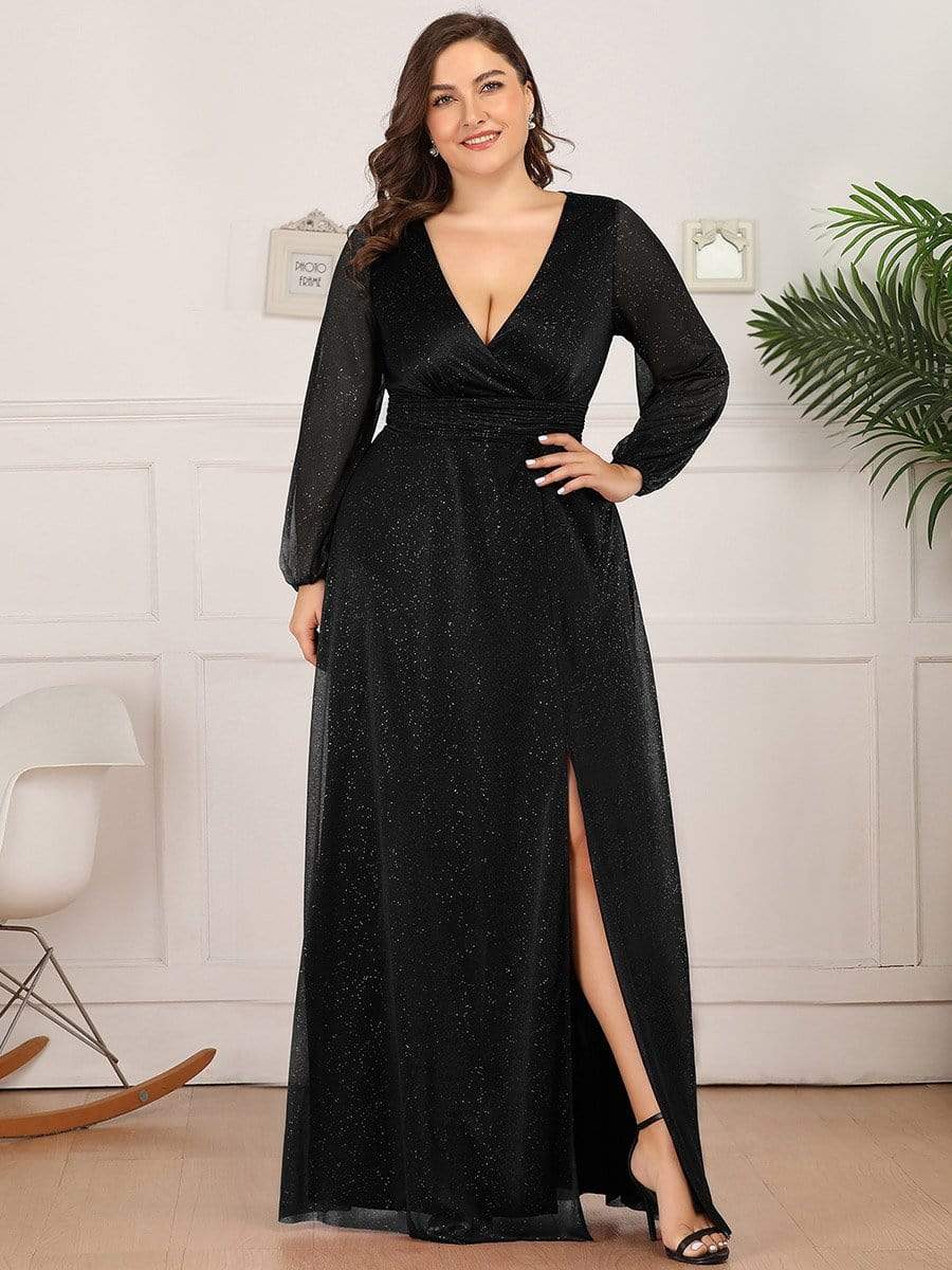Sexy V-Neck Shiny Wholesale Evening Dresses With Long Sleeve
