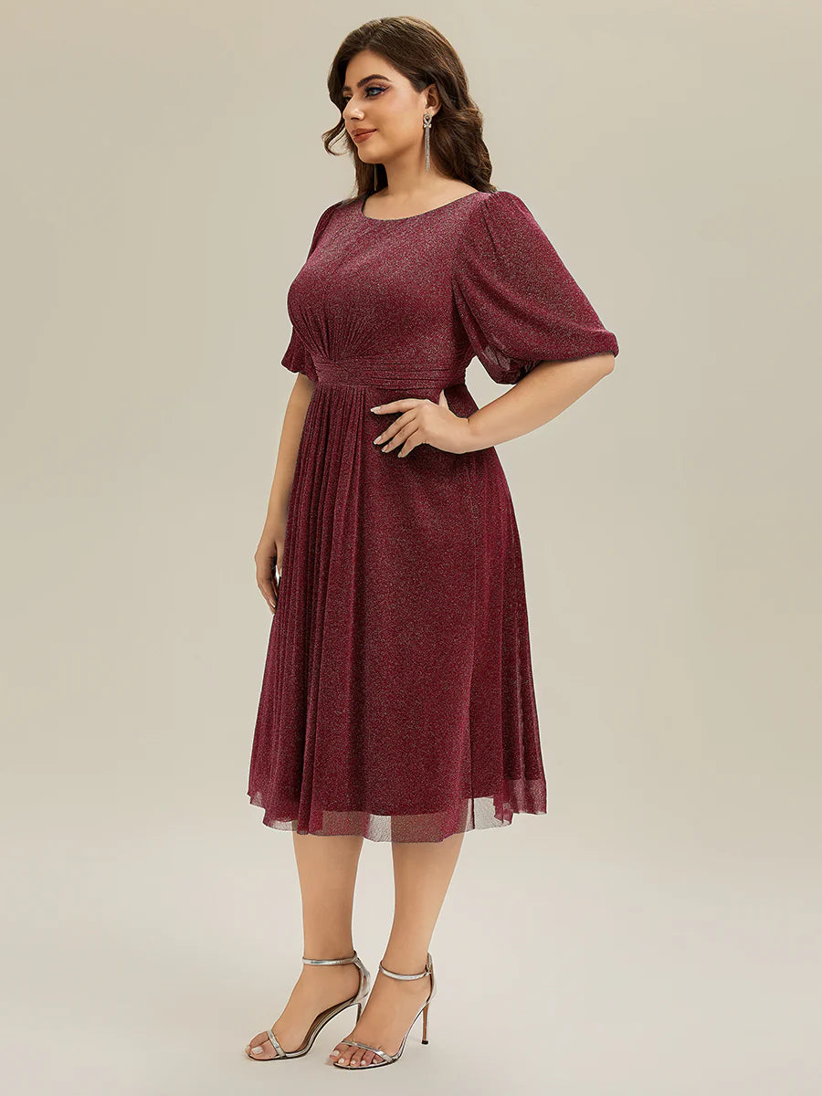 Half Sleeve Gathered A-Line Midi Length Wedding Guest Dresses