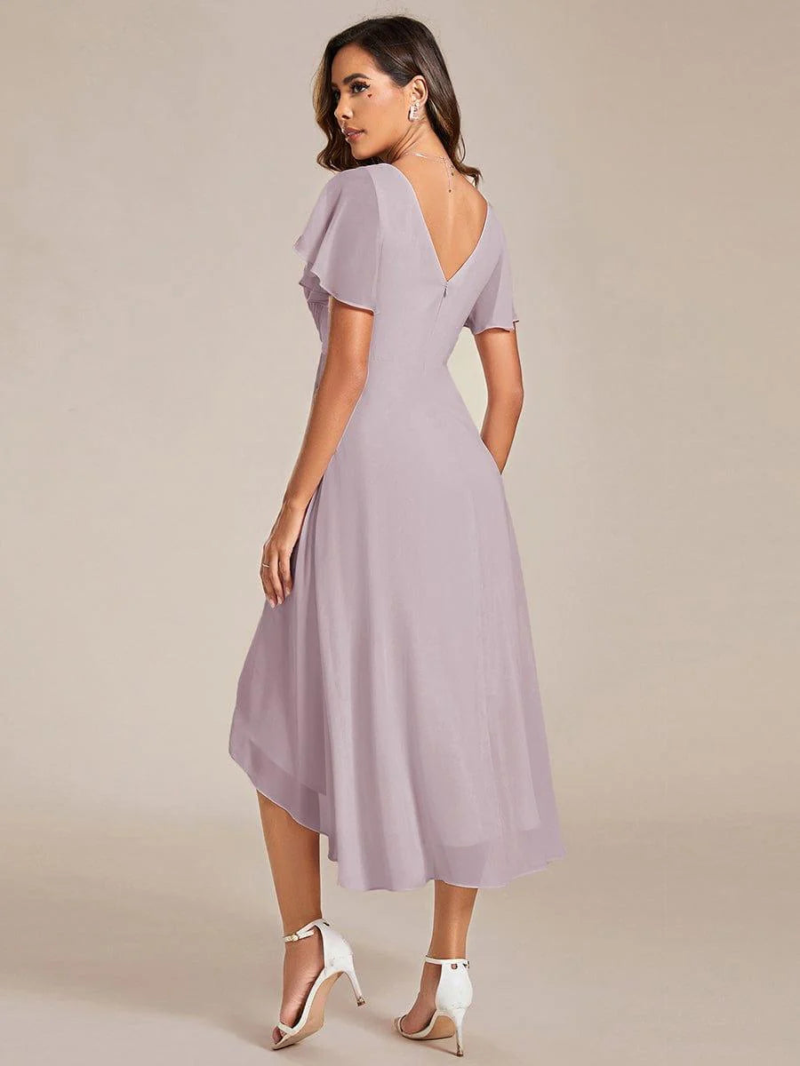 Chic V Neck High-Low Short Sleeve Wedding Guest Dress