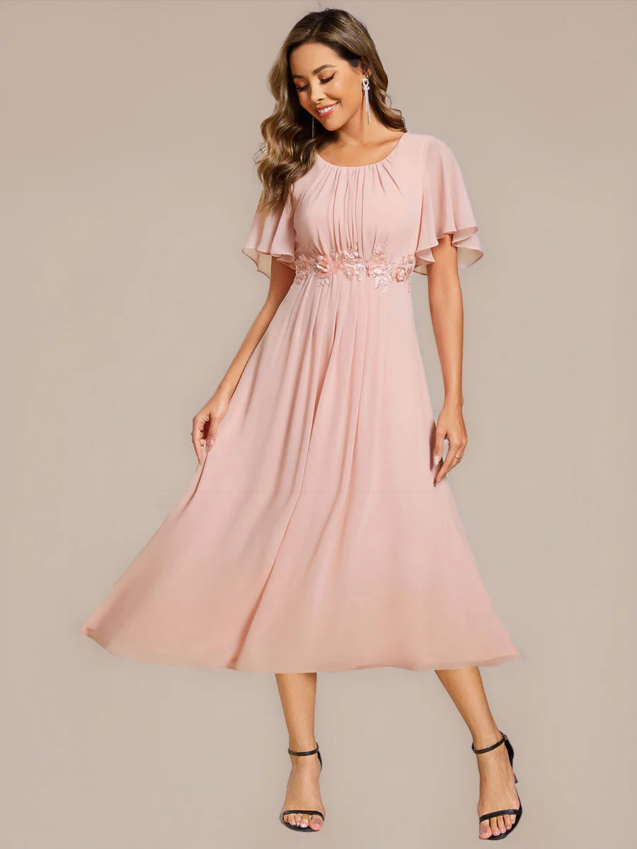 Commercial Wholesale Short Sleeve Ruffle A-Line Midi Dress with Floral Appliques Evening Dresses