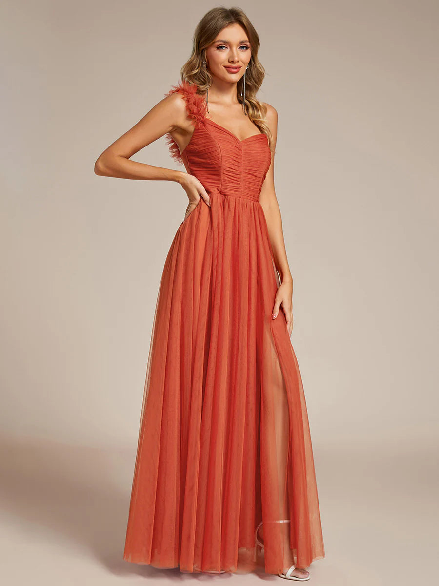 Pleated Backless One Shoulder Split Tulle Wholesale Bridesmaid Dresses