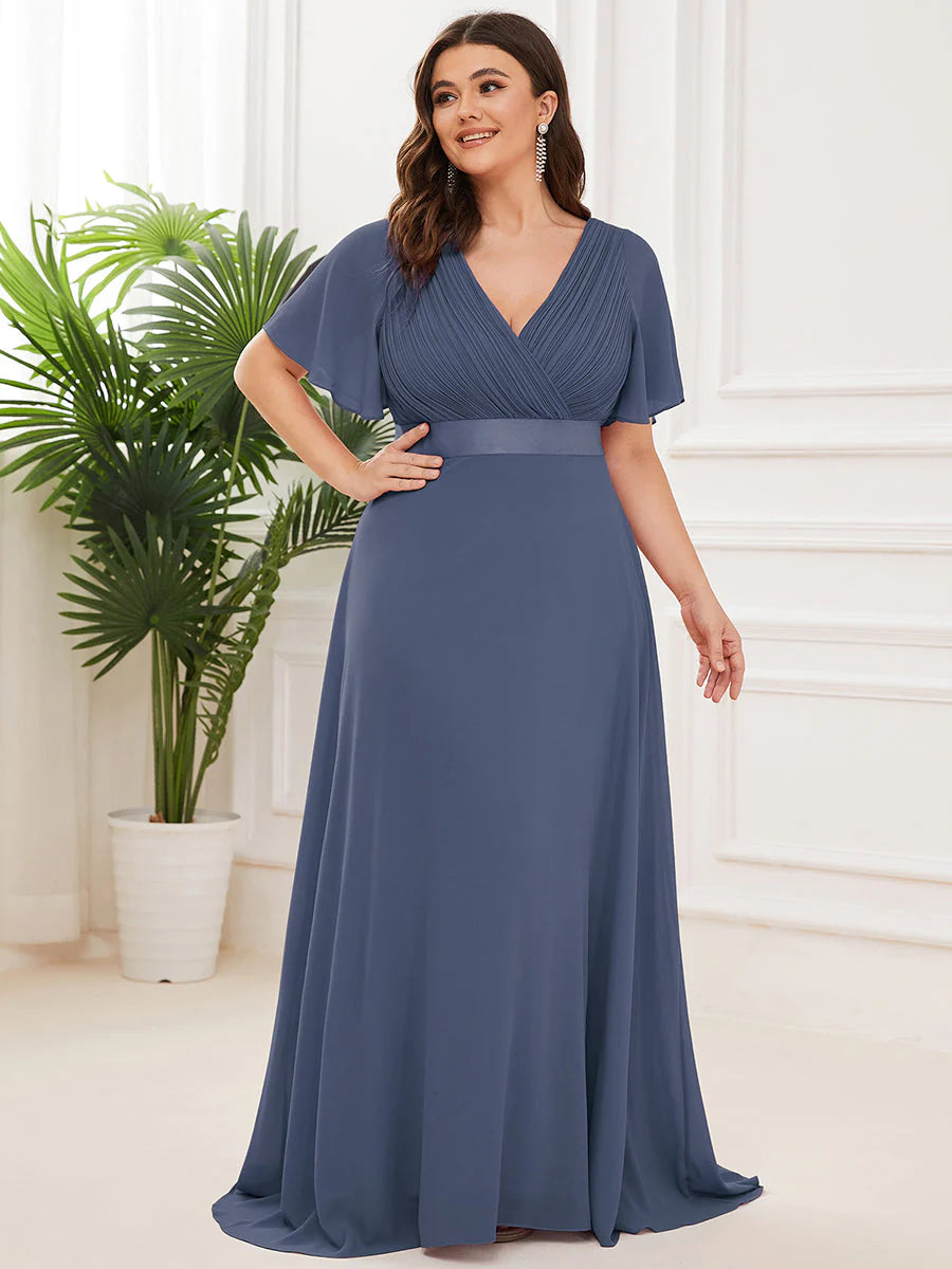 Glamorous Double V-Neck Ruffles Padded Plus Size Evening Dresses