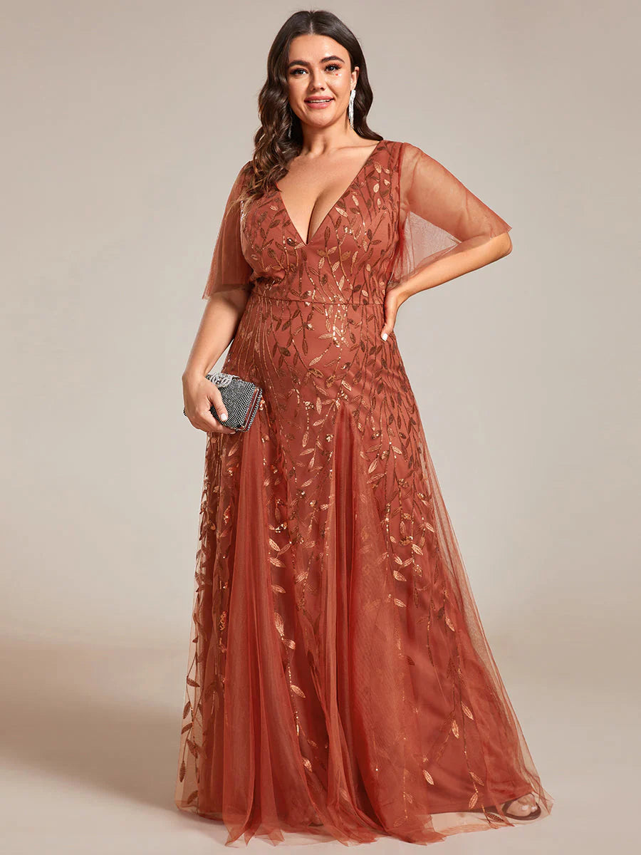 Plus Size Deep V Neck Wholesale Sequin Evening Gown With Short Sleeves