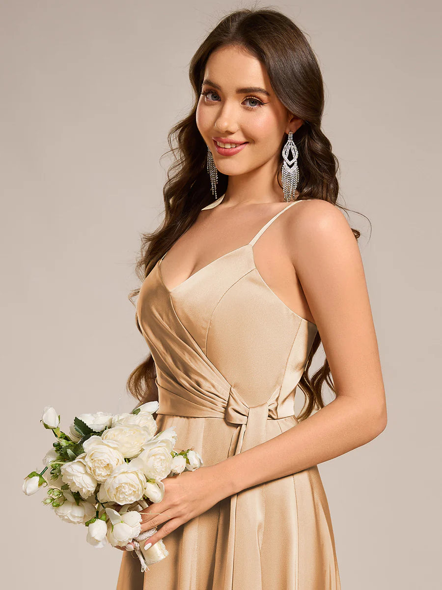 Elegant Floor-Length Spaghetti Straps Split Satin Bridesmaid Dress with Streamer