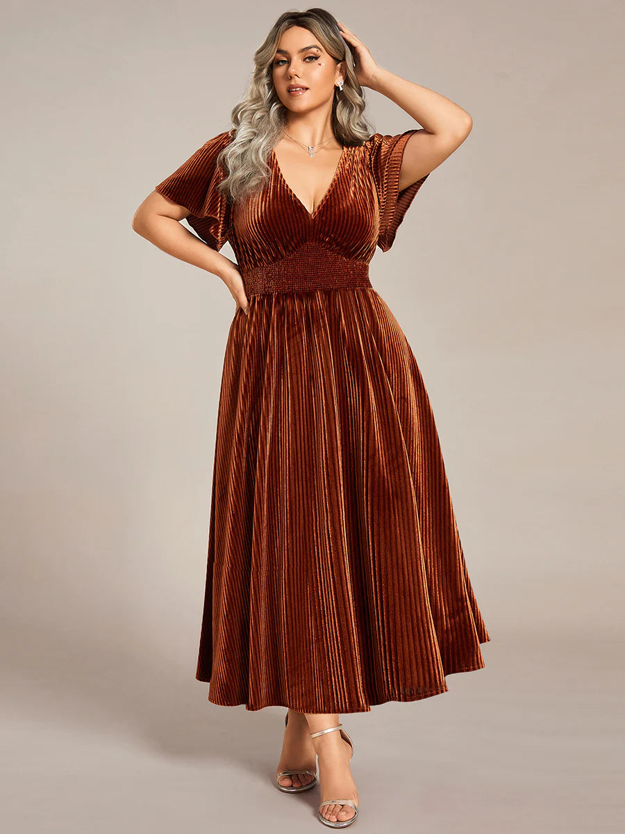 Plus-Size-V-Neck Tea Length Velvet Wedding Guest Dresses
