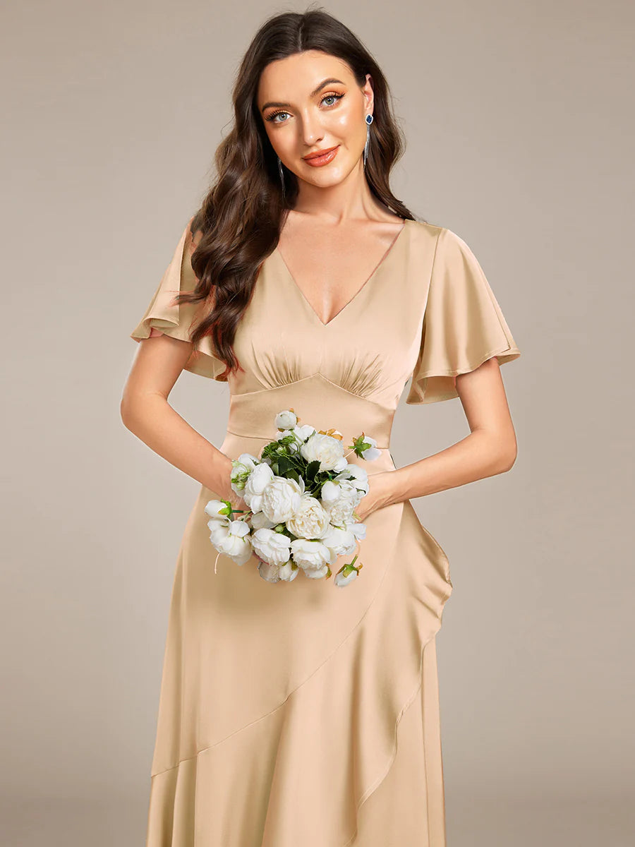 Short Sleeve Ruffled V-Neck Asymmetrical Hem Midi Bridesmaid Dress