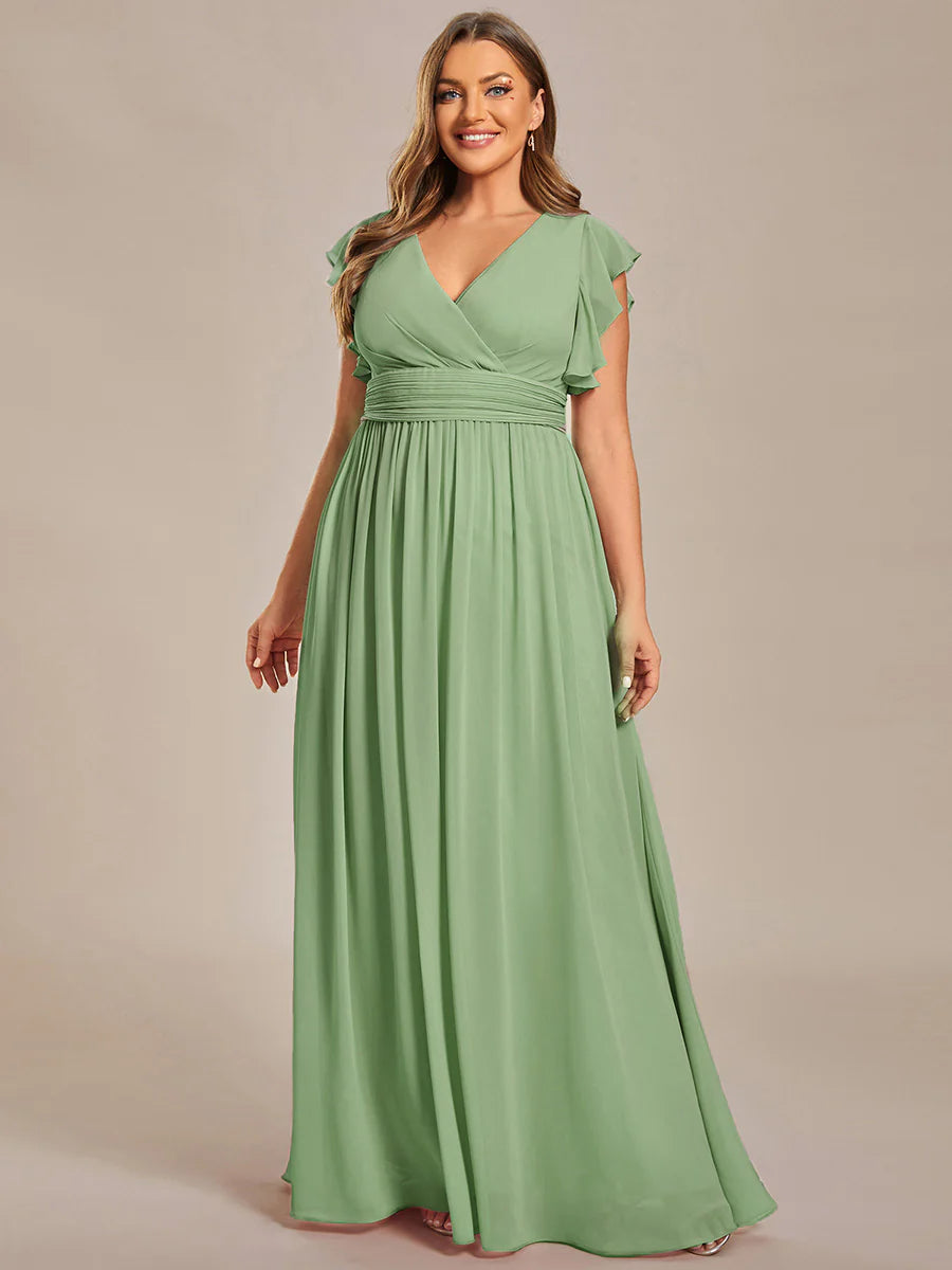 Plus V Neck Pleated Belted Ruffles Wholesale Bridesmaid Dresses