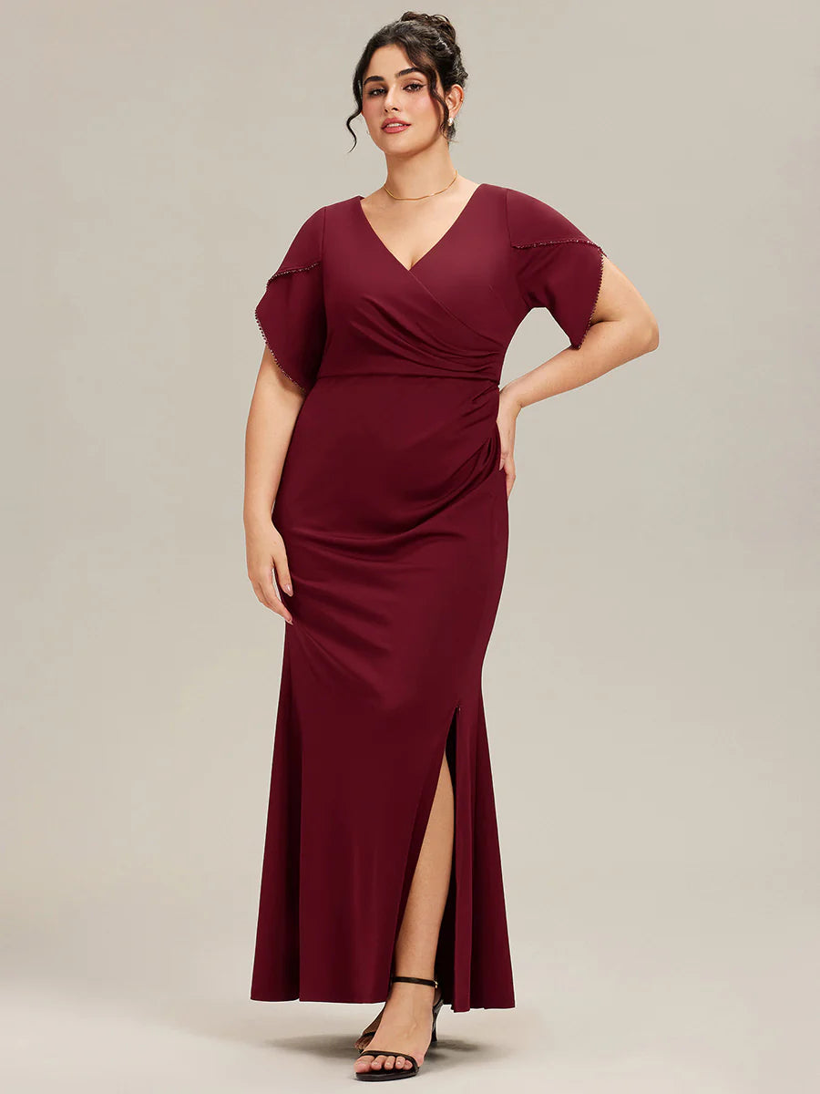 Plus Size Short Sleeve Fishtail Deep V-Neck Thigh-High Slit Evening Dresses