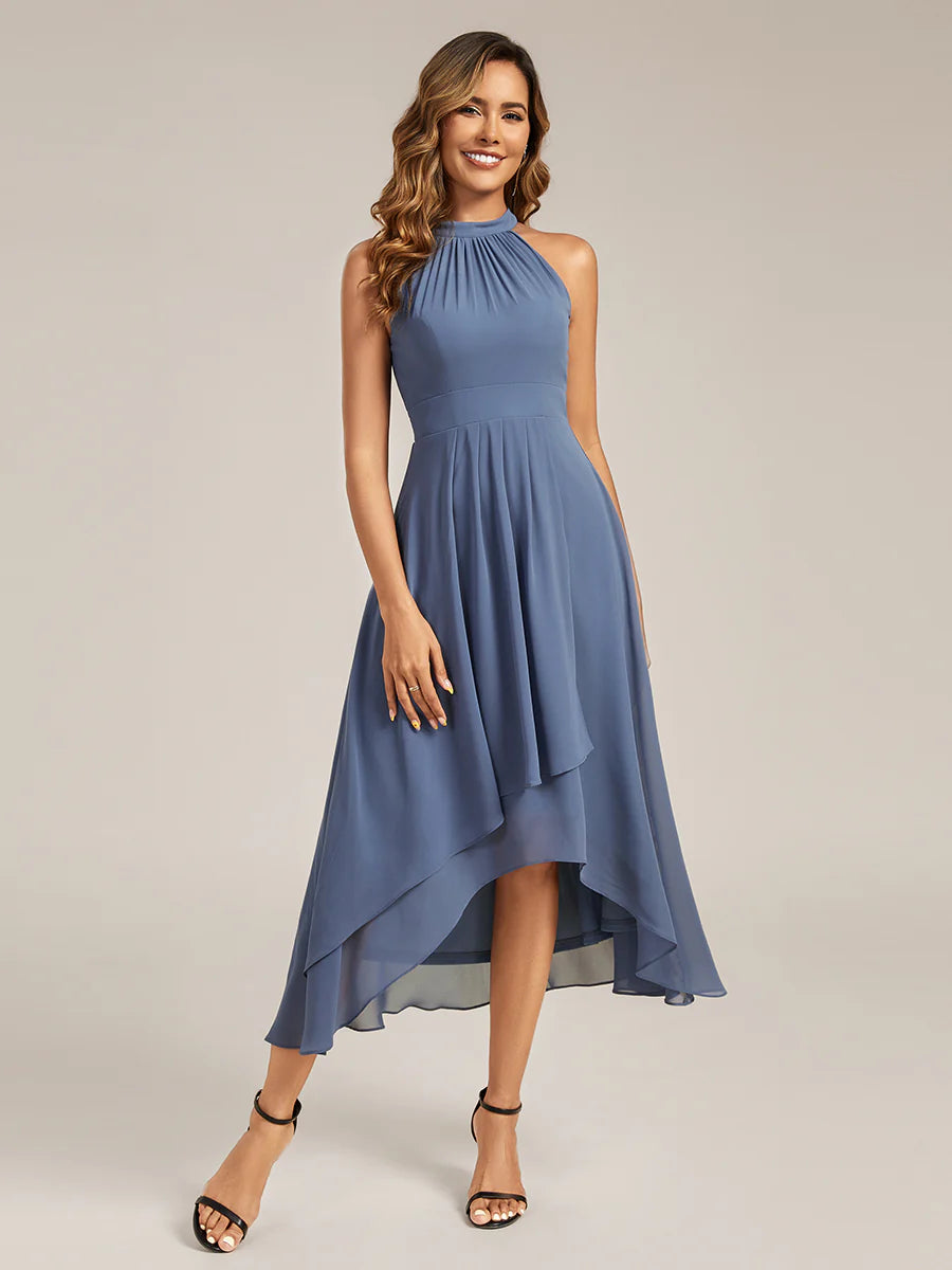 Wholesale Sleeveless Halter Neck Gathered A-Line High-Low Wedding Guest Dresses