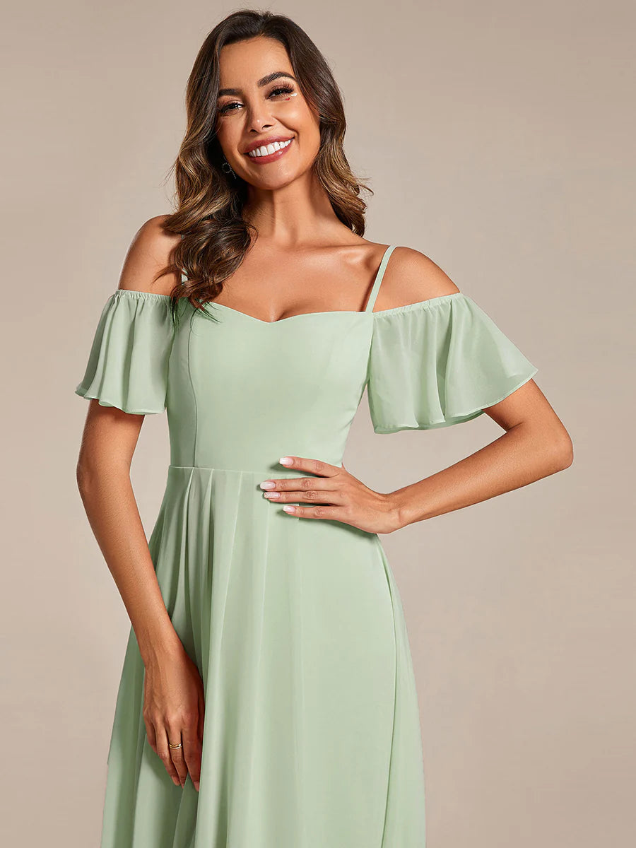 Chiffon Spaghetti Strap Cold Shoulder Tea Length Wedding Guest Dress