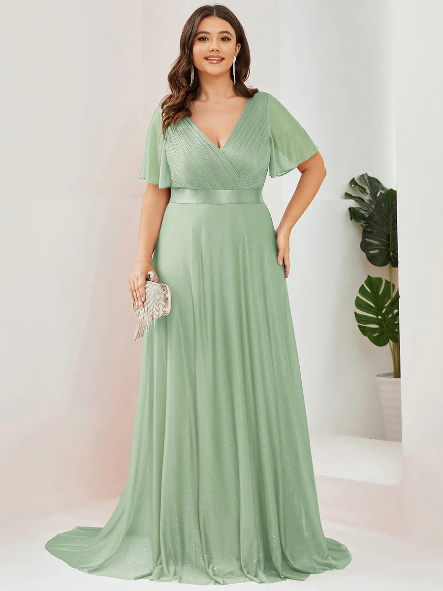 Plus Size Deep V Neck Ruffles Sleeve A Line Wholesale Evening Dresses