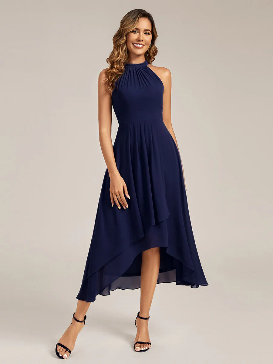 Wholesale Sleeveless Halter Neck Gathered A-Line High-Low Wedding Guest Dresses