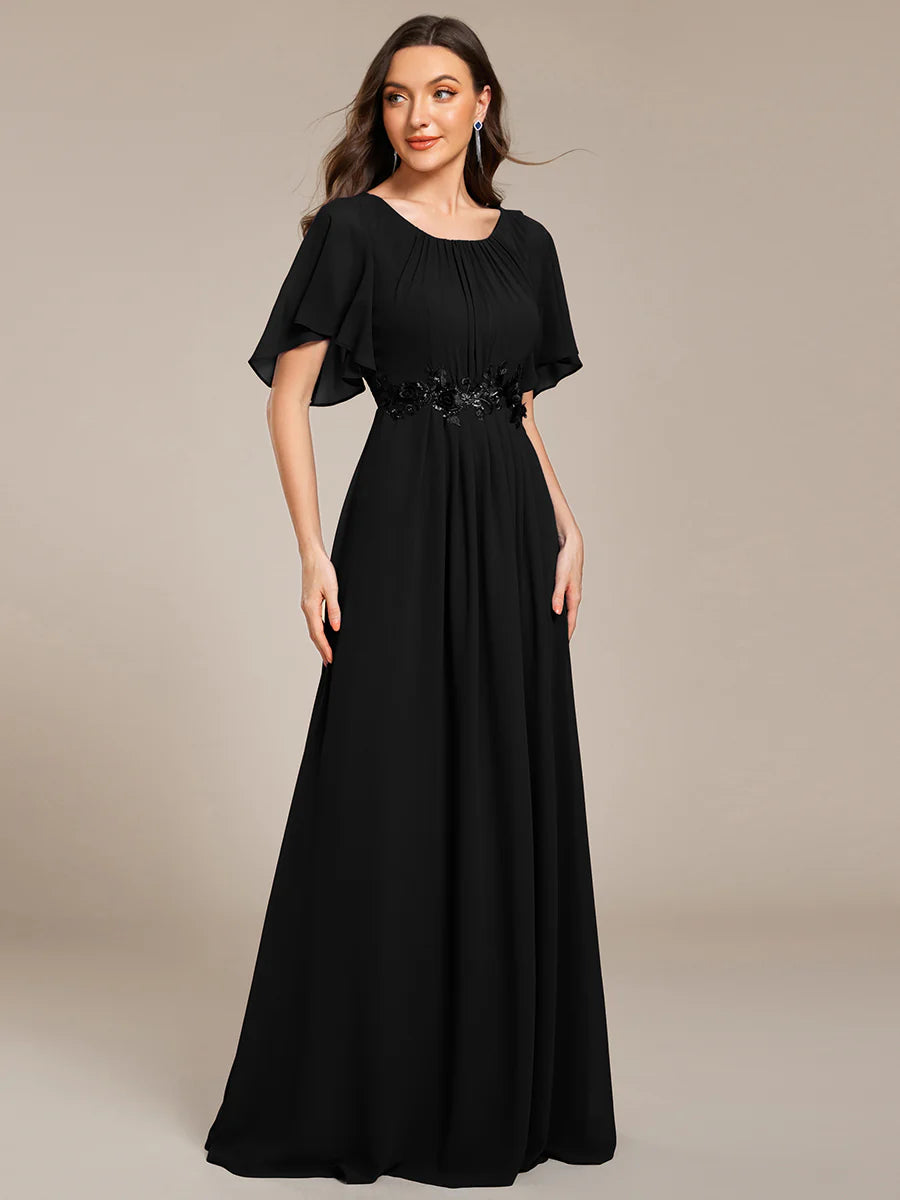 Short Sleeves Pleated Applique A-Line Floor-Length Formal Evening Dress