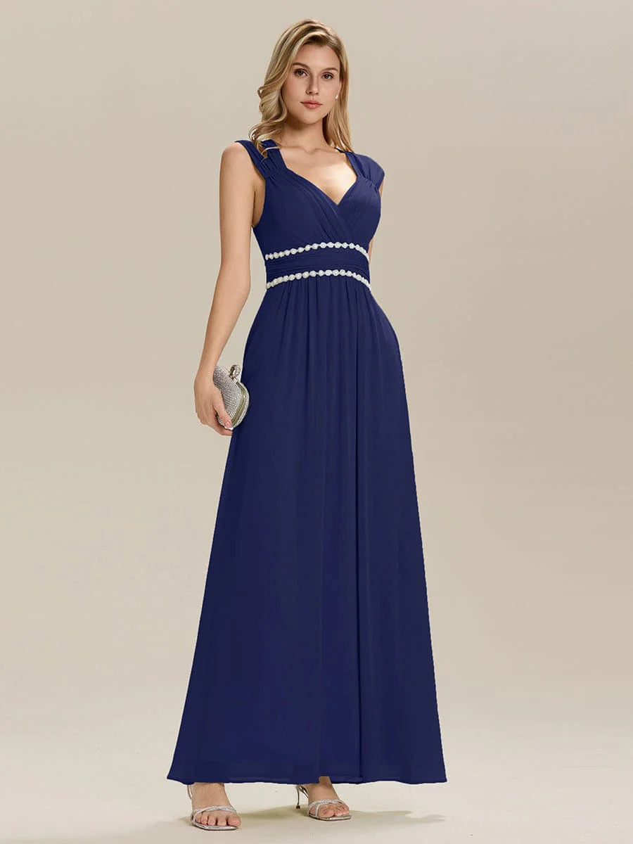 Custom Made Sleeveless Pleated Deep V-Neck A-Line Floor Length Dress; Bridesmaid Dresses