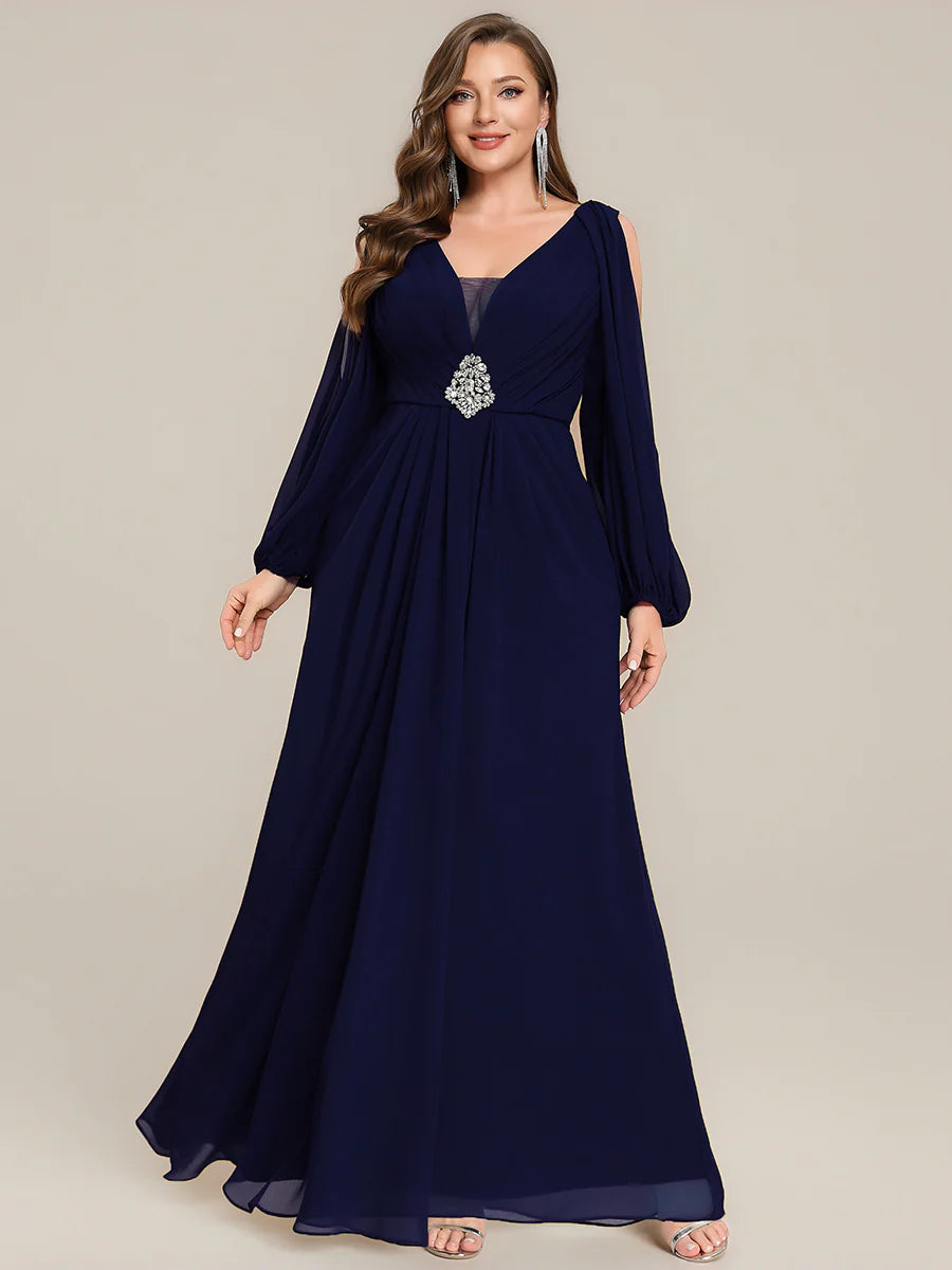 Volume Discounts Long Sleeve Lantern Sleeve A-Line Floor Length V-Neck Wedding Guest Dresses