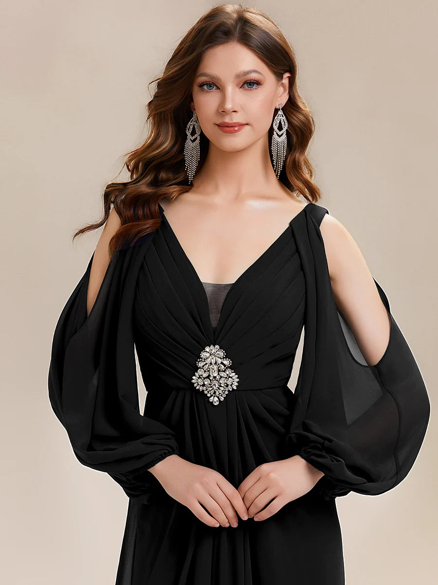 Volume Discounts Long Sleeve Lantern Sleeve A-Line Floor Length V-Neck Wedding Guest Dresses