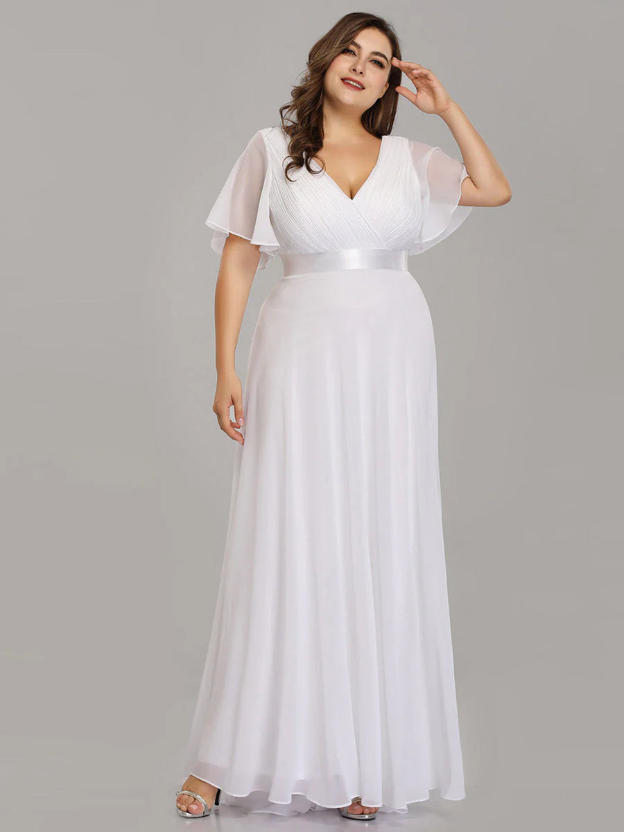 Double V-Neck Ruffles Padded Plus Size Wholesale Evening Dresses