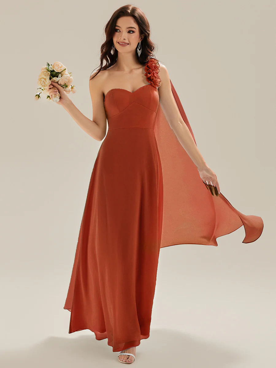 Sleeveless One Shoulder Floral A-Line Floor Length Bridesmaid Dresses
