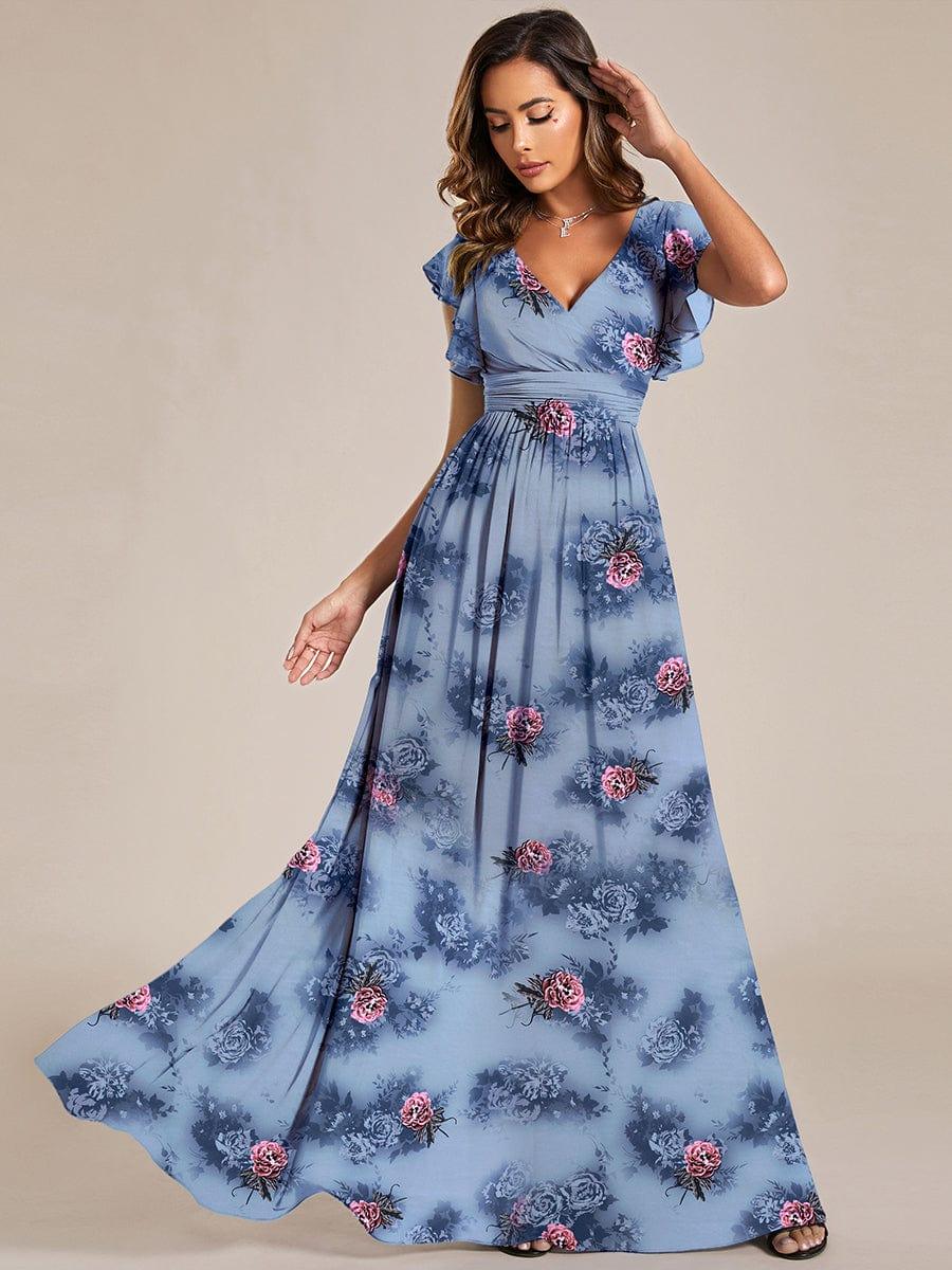Ever LILYANA|Floral V-Neck Open Back Ruffled Sleeves Chiffon Bridesmaid Dress