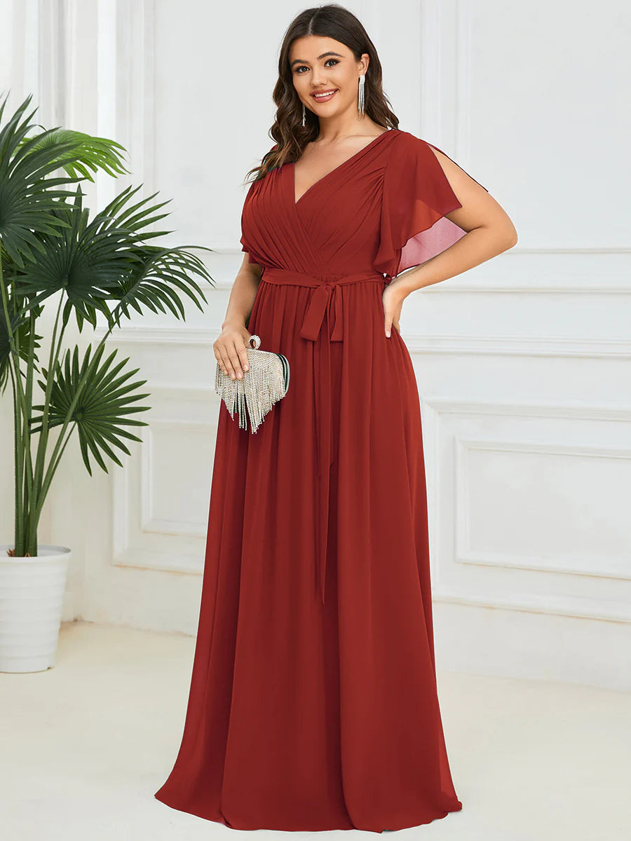 Short Sleeve Ruffle Deep V-Neck A-Line Floor Length Evening Dresses