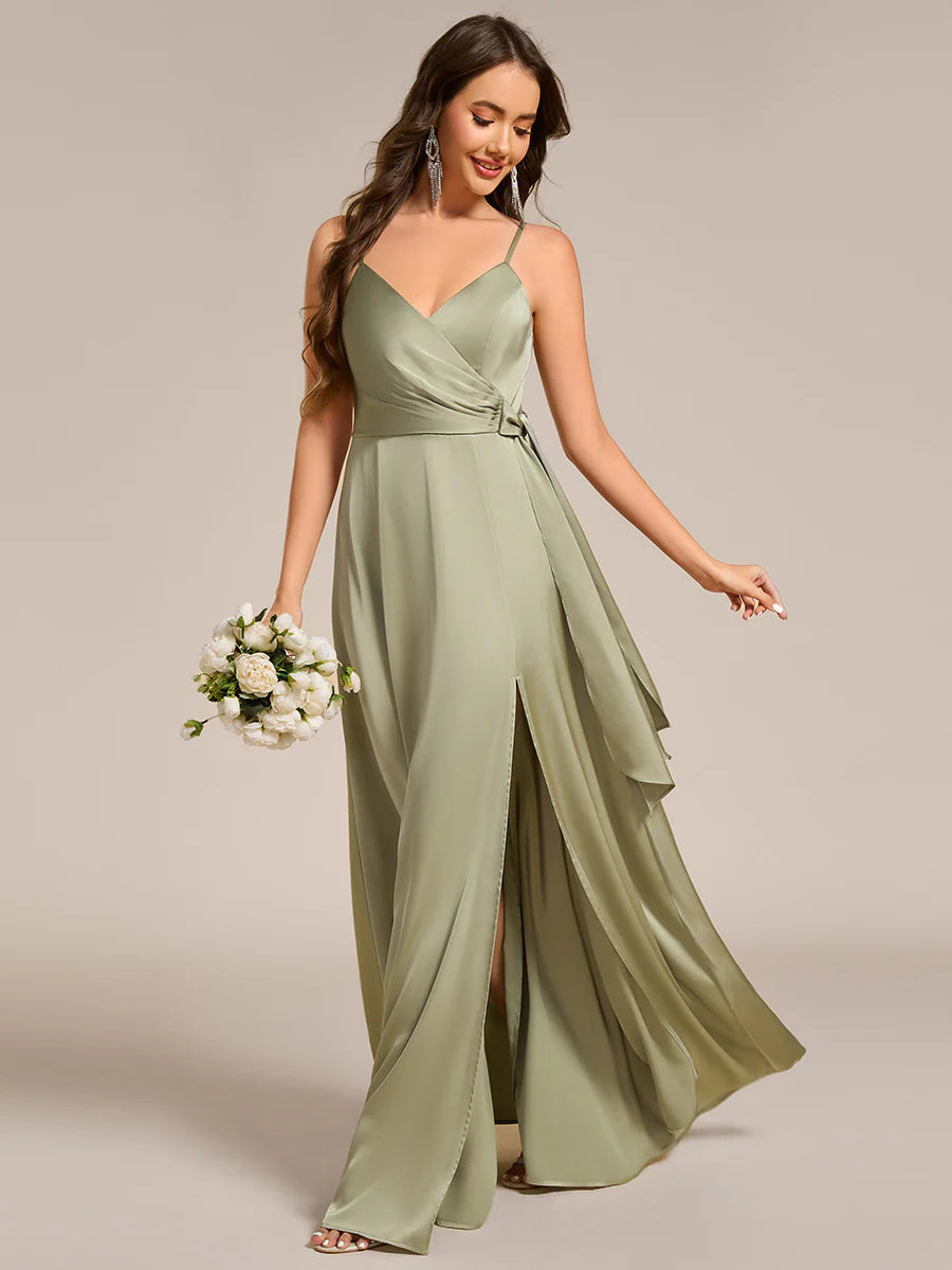 Elegant Floor-Length Spaghetti Straps Split Satin Bridesmaid Dress with Streamer