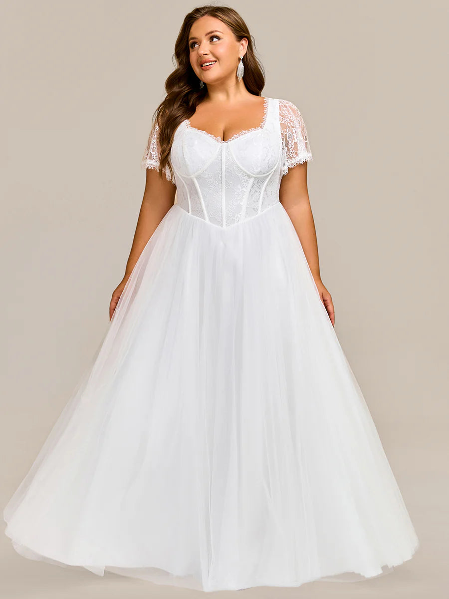 Sweetheart Short Sleeves A-Line Floor-Length Wedding Dress with See-through Details